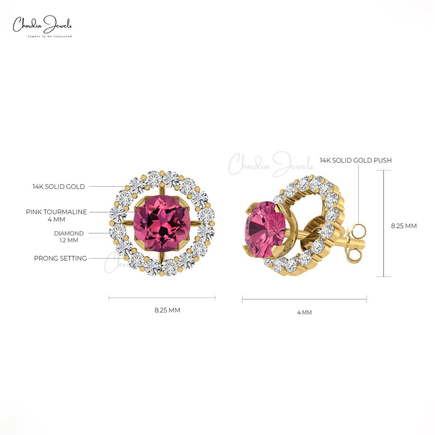 Natural Pink Tourmaline Diamond 14K Gold Halo Stud Earrings For Women