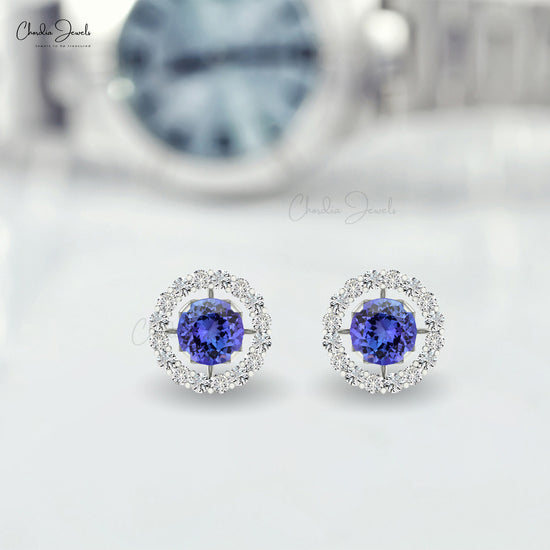 Luxurious Tanzanite Detachable Earrings 14k Real Gold White Diamond Push Back Studs 4mm Round Cut Natural Gemstone Jewelry For Gift