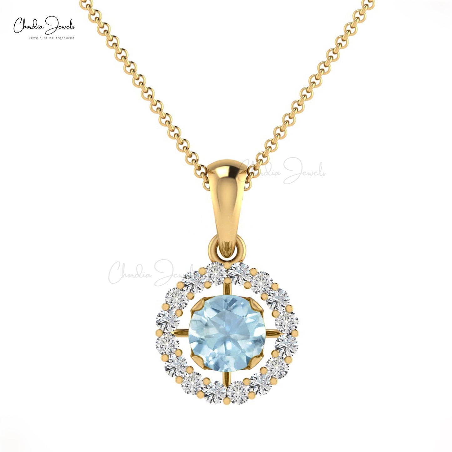 March Birthstone Aquamarine White Diamond Halo Pendant in 14K Solid Gold for Her