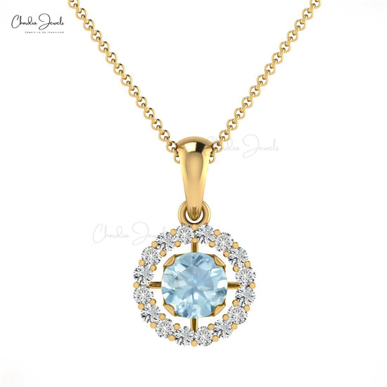 March Birthstone Aquamarine White Diamond Halo Pendant in 14K Solid Gold for Her