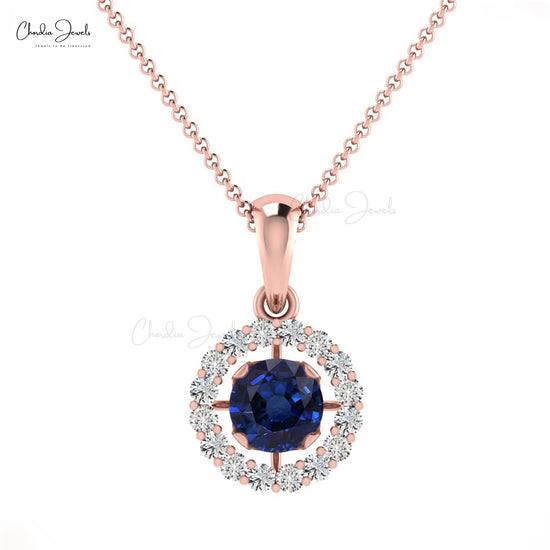 Natural Blue Sapphire Solitaire Pendant, 14k Solid Gold Diamond Halo Pendant, 1.2mm Round Diamond Handmade Pendant, Wedding Gift For Her