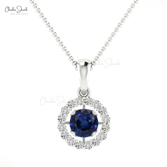 Natural Blue Sapphire Solitaire Pendant, 14k Solid Gold Diamond Halo Pendant, 1.2mm Round Diamond Handmade Pendant, Wedding Gift For Her