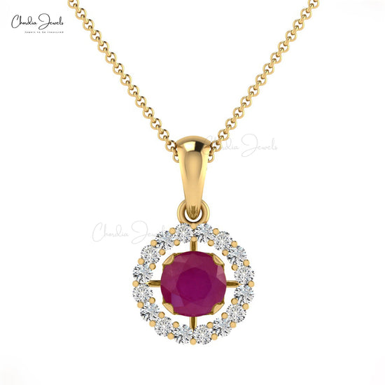 Natural July Birthstone Ruby and G-H Diamond Halo Pendant in 14k Gold