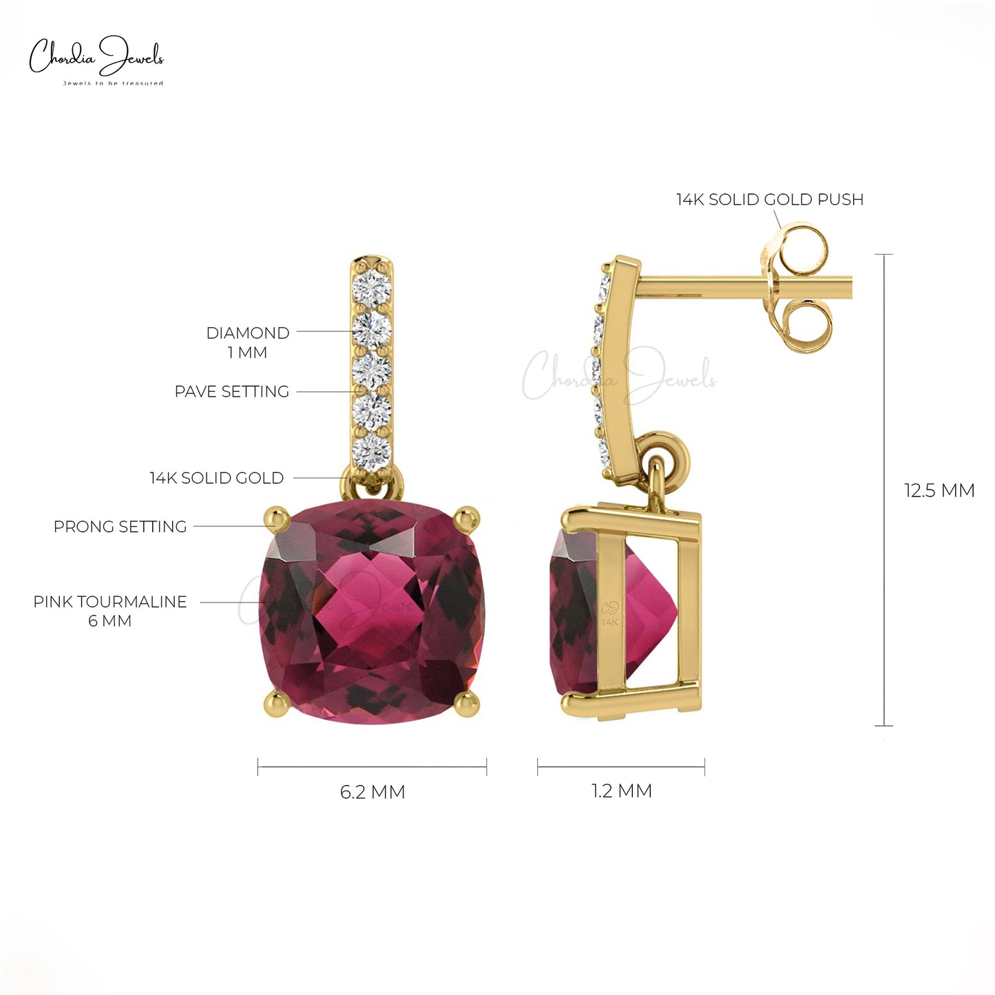 Natural 14K Gold Pink Tourmaline Diamond Dangler Earrings For Gift October Birthstone