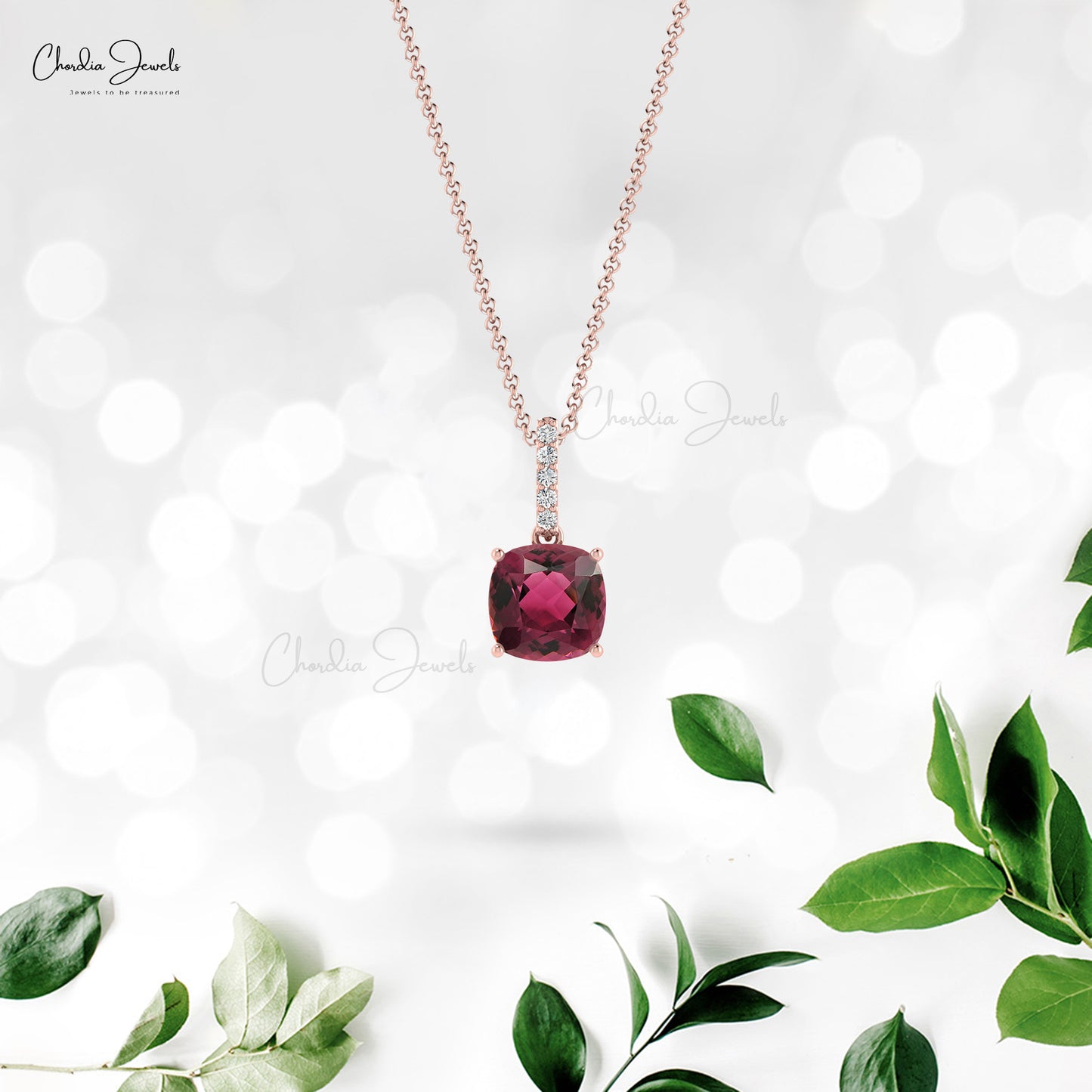 Natural Pink Tourmaline Pendant in 14K Gold with Round White Diamond