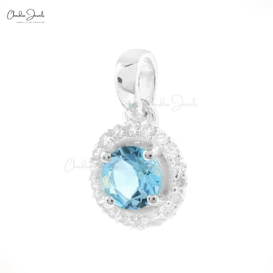 Vintage 4mm Round Genuine Aquamarine & White Diamond Halo Pendant Necklace Handmade Blue Gemstone Jewelry With 14k Real White Gold Wedding Gift