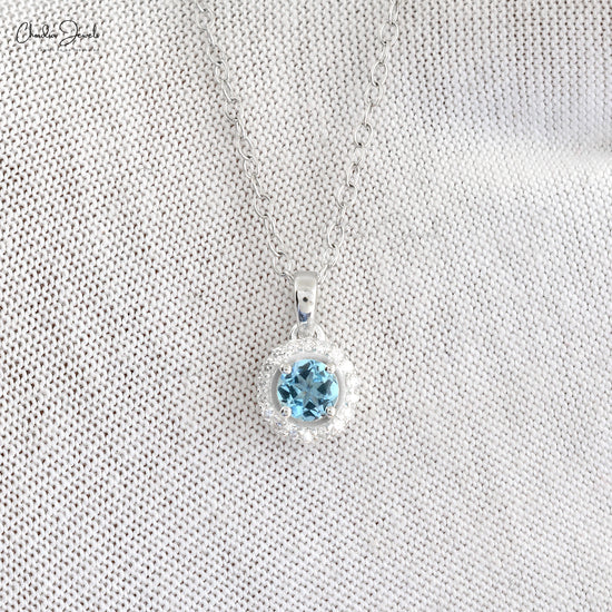 Vintage 4mm Round Genuine Aquamarine & White Diamond Halo Pendant Necklace Handmade Blue Gemstone Jewelry With 14k Real White Gold Wedding Gift
