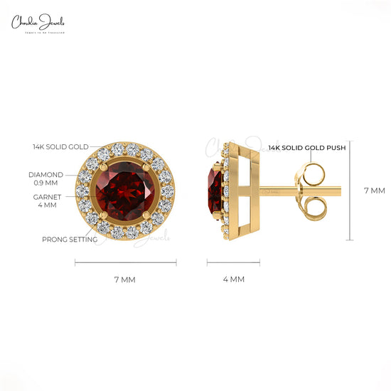 Genuine 14K Gold Garnet & Diamond Halo Earrings Fine Jewelry