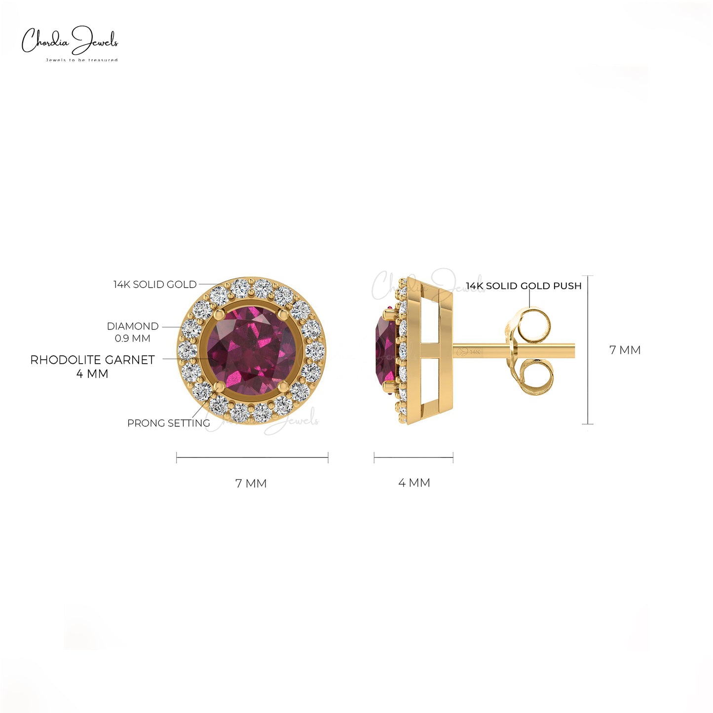 Natural Round Rhodolite Garnet 14K Gold Halo Earrings