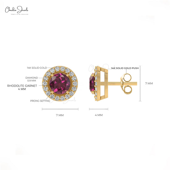 Natural Round Rhodolite Garnet 14K Gold Halo Earrings