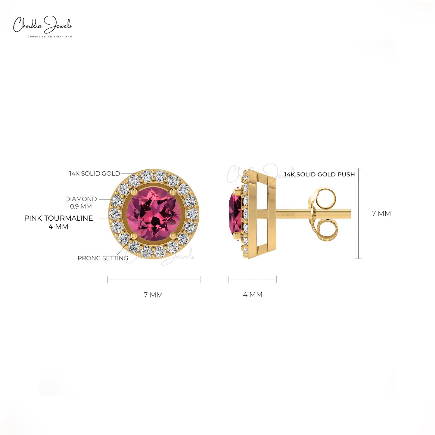 Genuine 14K Gold AAA Pink Tourmaline And Round Diamond Halo Earrings