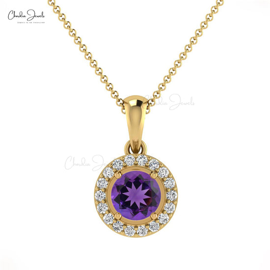 Natural Amethyst Pendant, 14k Solid Gold Halo Pendant, 4mm Round Gemstone Pendant Women's Gift Jewelry