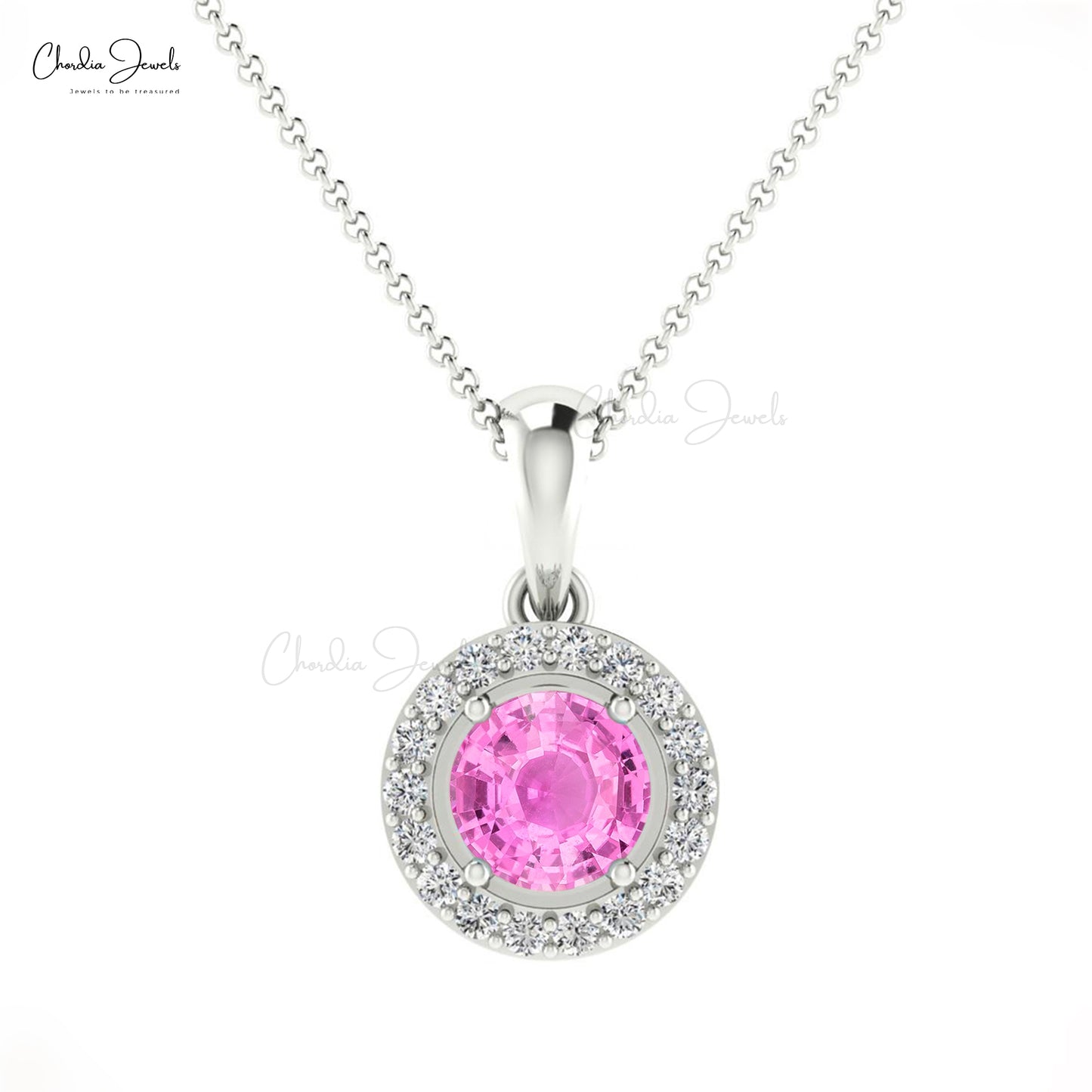 Colgante minimalista de oro macizo de 14 quilates con halo de zafiro rosa y diamantes de 0,23 quilates.