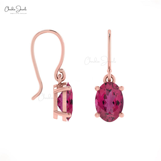 Natural Pink Tourmaline Dangle Earrings 14k Solid Gold White Diamond Fish Hook Earrings For Her