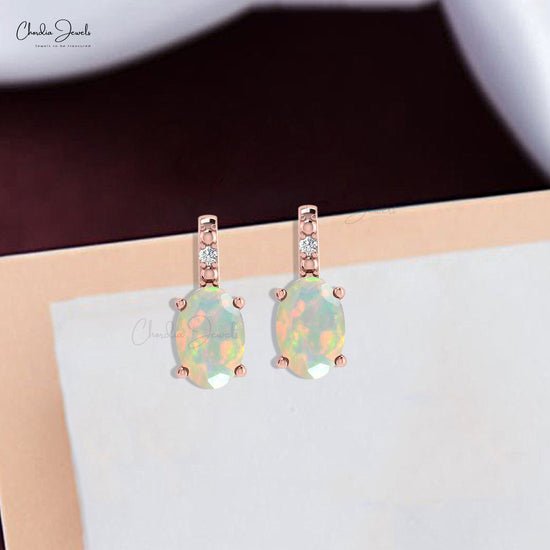 Oval Ethiopian Opal & Diamond 14K Gold Earrings 100% Natural