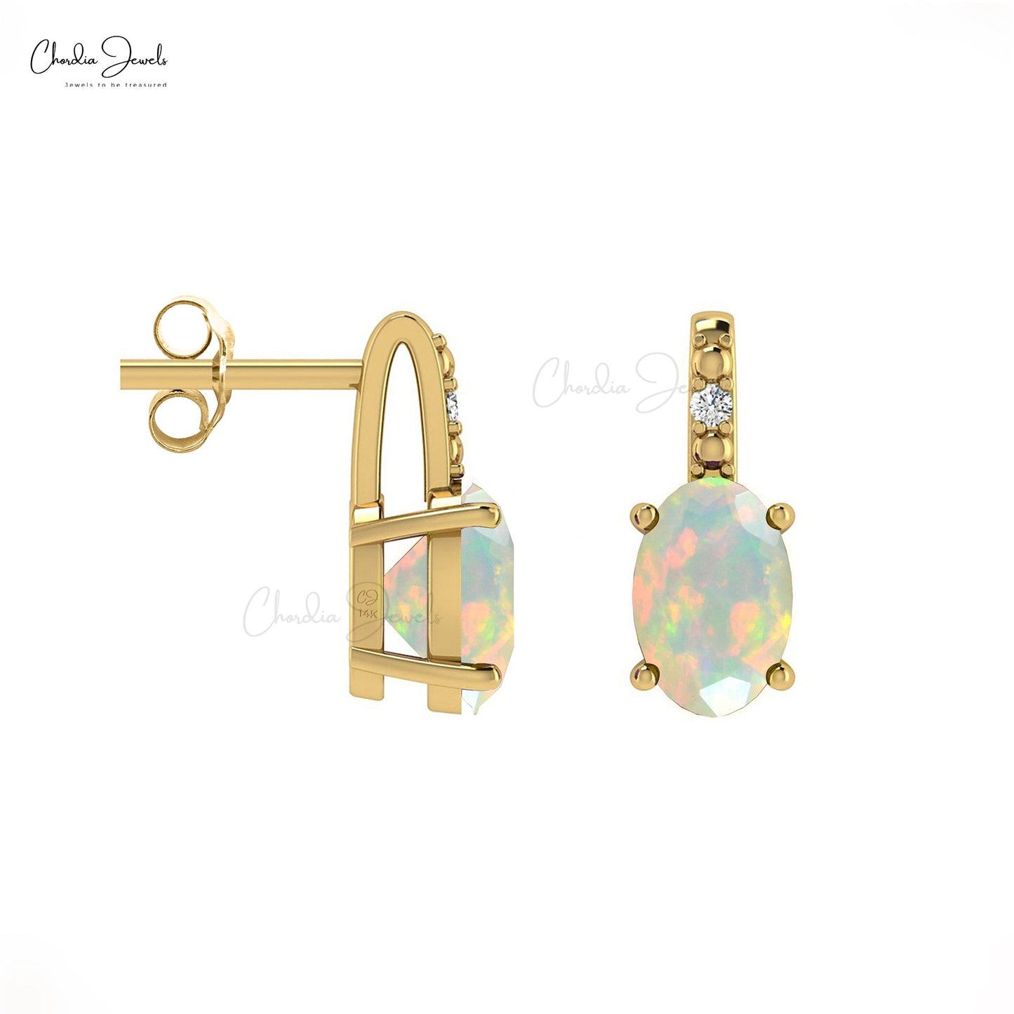 Oval Ethiopian Opal & Diamond 14K Gold Earrings 100% Natural