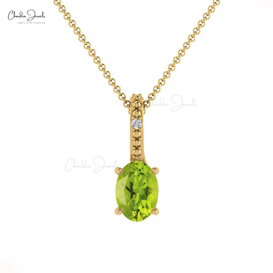 Simple and Exquisite 14k Pure Gold Hidden Bail Pendant Necklace Natural White Diamond & Green Peridot Pendant Anniversary Gift For Wife