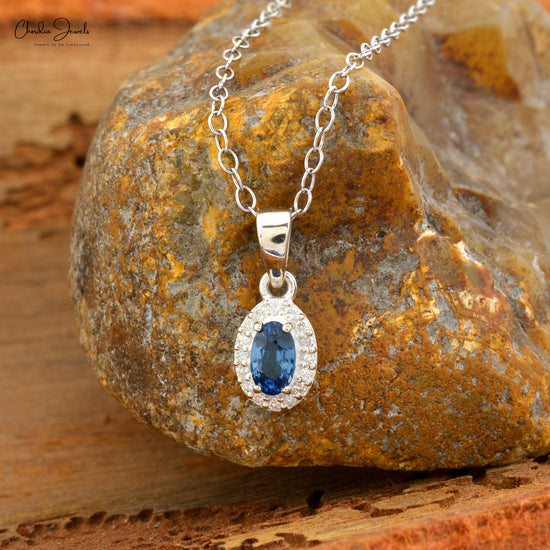Classic Halo Blue Sapphire Solitaire Pendant, 1 mm Round Full Cut Diamond Simulant Pendant Necklace Real 14k White Gold Jewelry For Valentine's Day Gift