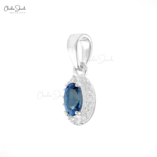 Classic Halo Blue Sapphire Solitaire Pendant, 1 mm Round Full Cut Diamond Simulant Pendant Necklace Real 14k White Gold Jewelry For Valentine's Day Gift