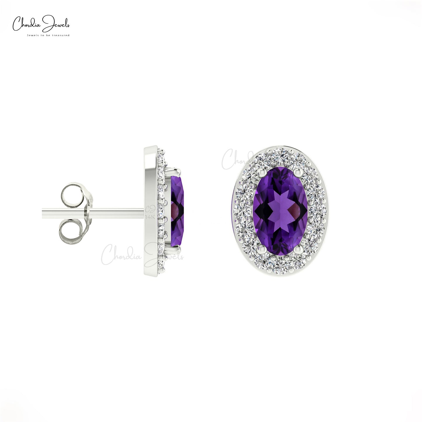 Oval-Cut Amethyst Stud and round-cut diamonds with 14k White Gold Earrings 
