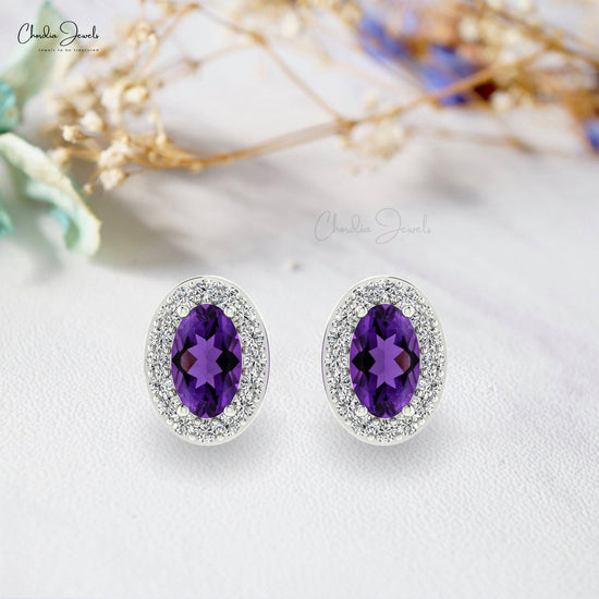 Oval-Cut Amethyst Stud and round-cut diamonds with 14k White Gold Earrings 
