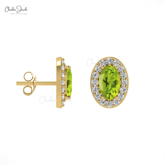 New Original Design Natural White Diamond Halo Studs August Birthstone Green Peridot Gemstone Stud Earrings 14k Solid Gold Hallmarked Jewelry For Gift