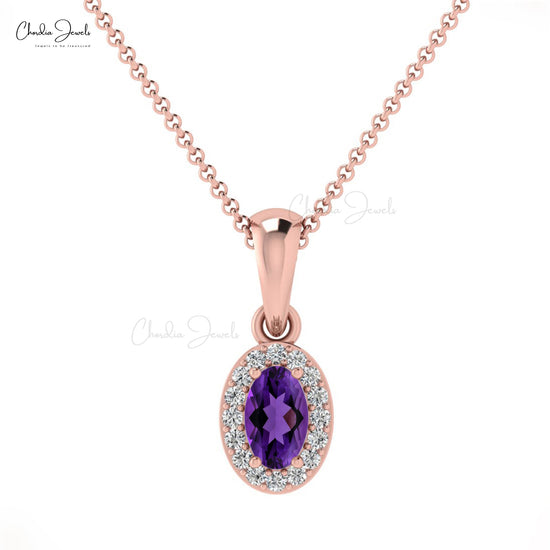 Handmade Unique Natural Purple Amethyst Halo Pendant 1mm Round White Diamond Pendant Necklace in 14k Solid Gold Dainty Jewelry For Gift