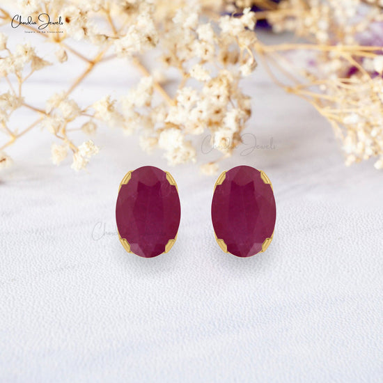 Natural 6x4mm Red Ruby Stud Earrings in 14K Gold