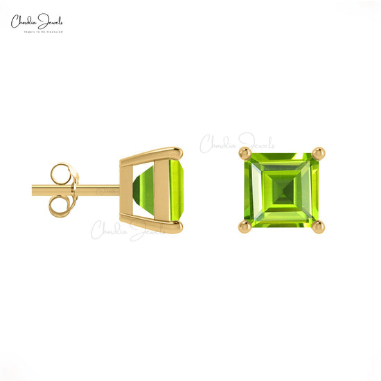 14k Solid Gold Gemstone Earrings Natural Peridot 4mm Square Cut Stud Earrrings