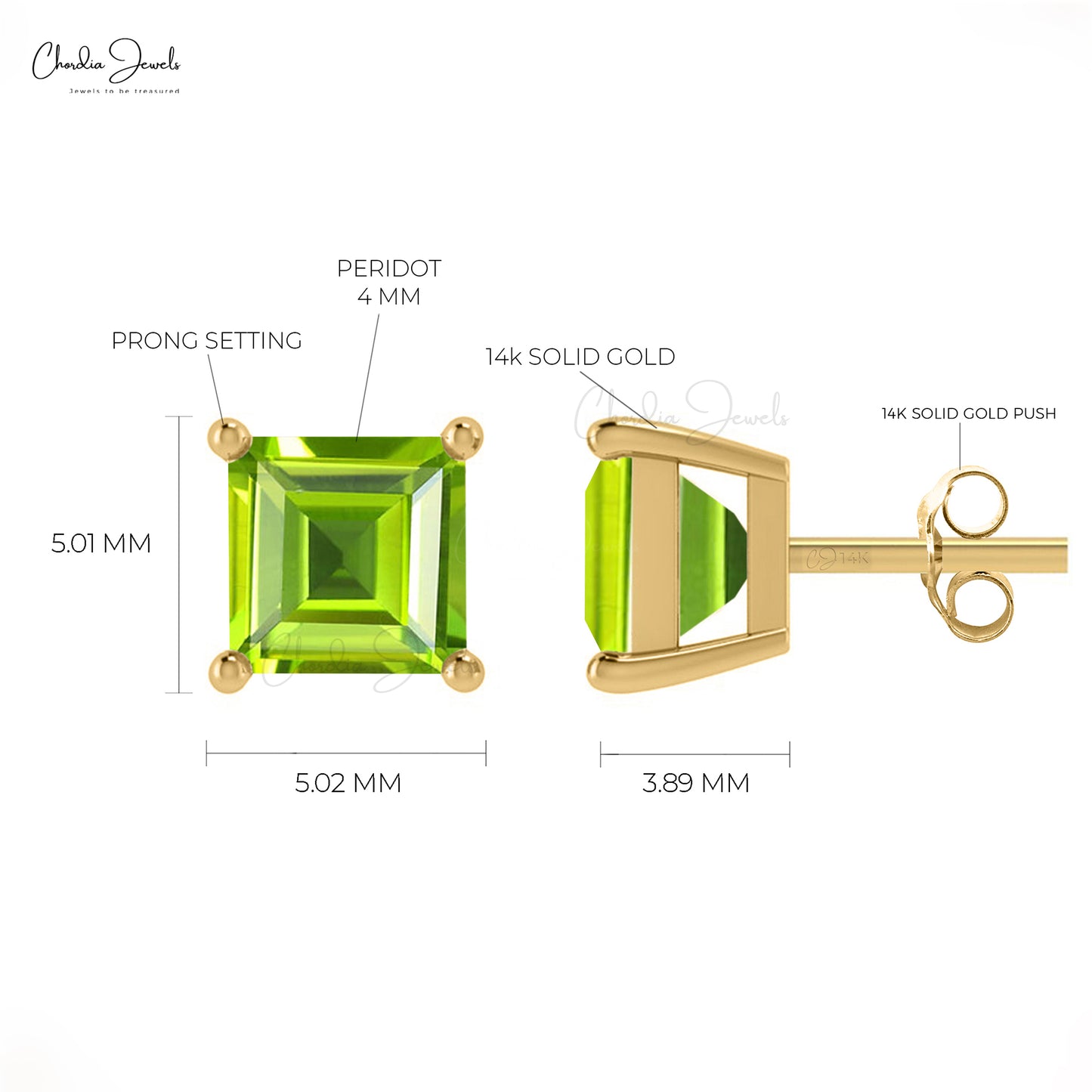 14k Solid Gold Gemstone Earrings Natural Peridot 4mm Square Cut Stud Earrrings