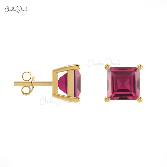 Natural Pink Tourmaline Studs Earring, 4mm Square Handmade Pink Tourmaline Studs, 14k Solid Gold Gemstone Stud Earrings Gift For Her