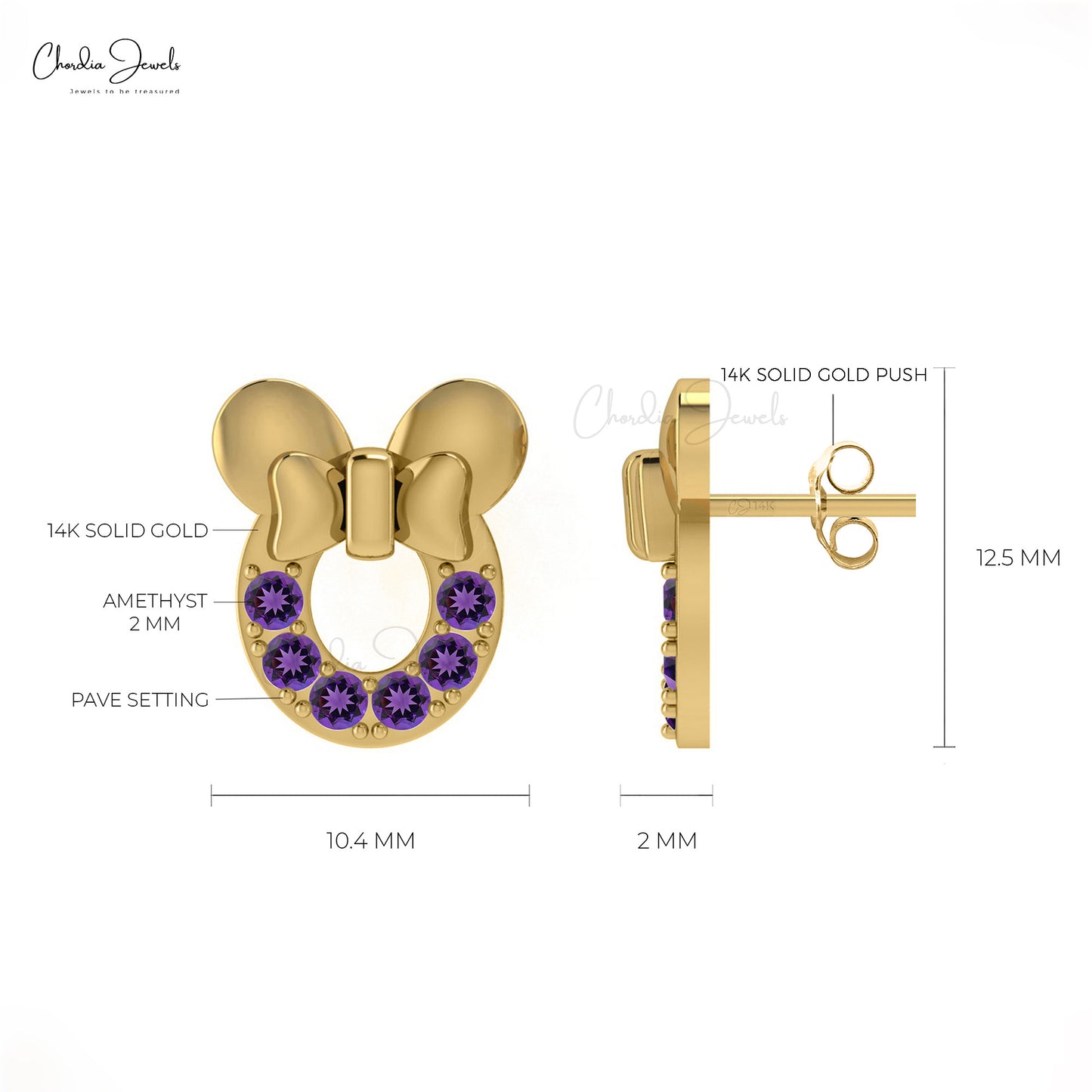 February Birthstone Stud earring 14k Gold in Mickey Mouse Shape.