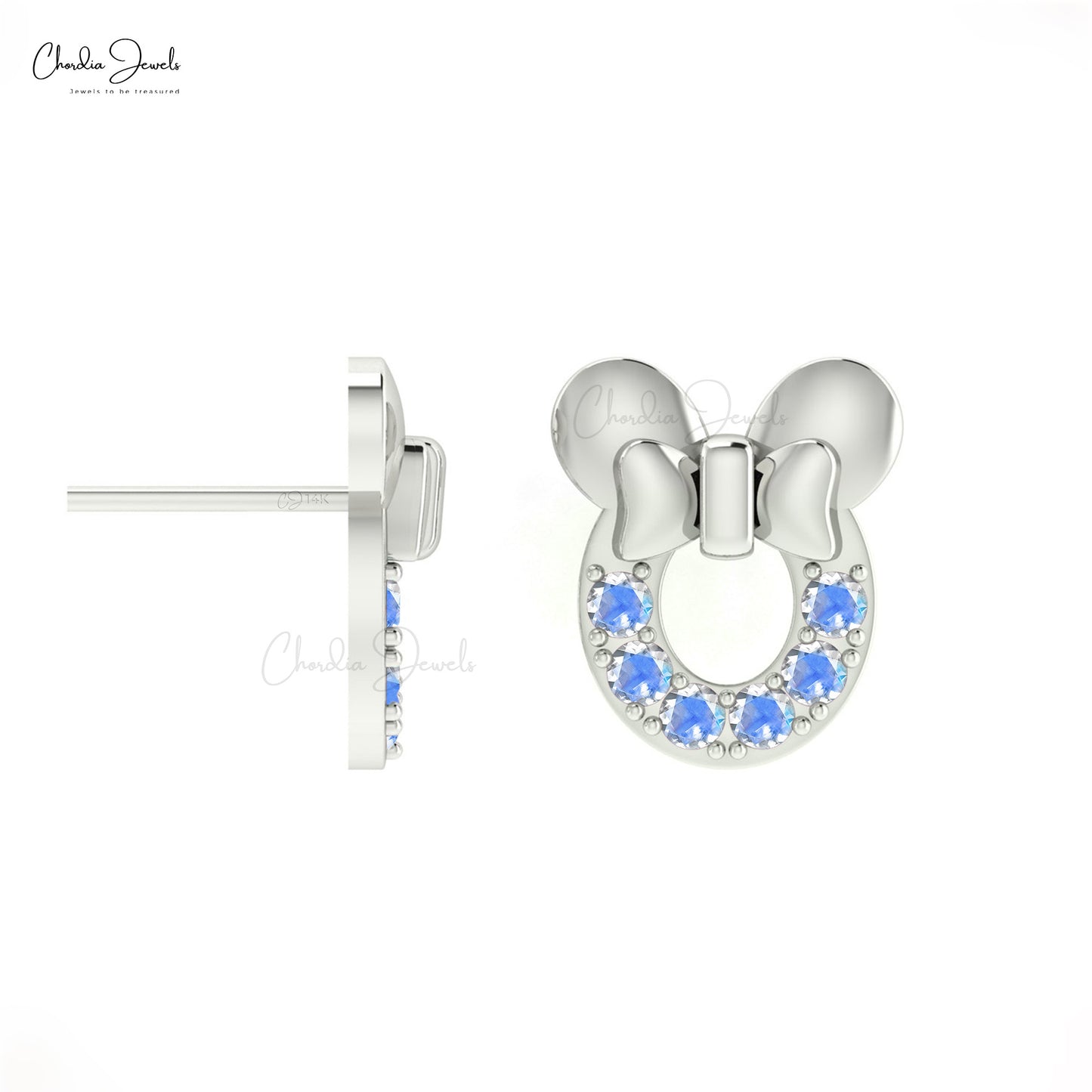 June Birthstone Rainbow Moonstone Mickey Mouse Stud Earrings In 14k Solid Gold