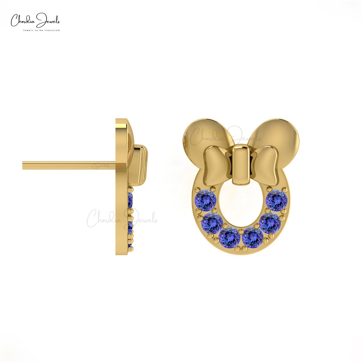 Genuine Tanzanite Mickey Mouse Earrings in 14k Gold Tiny 2mm Round Stone Delicate Earrings