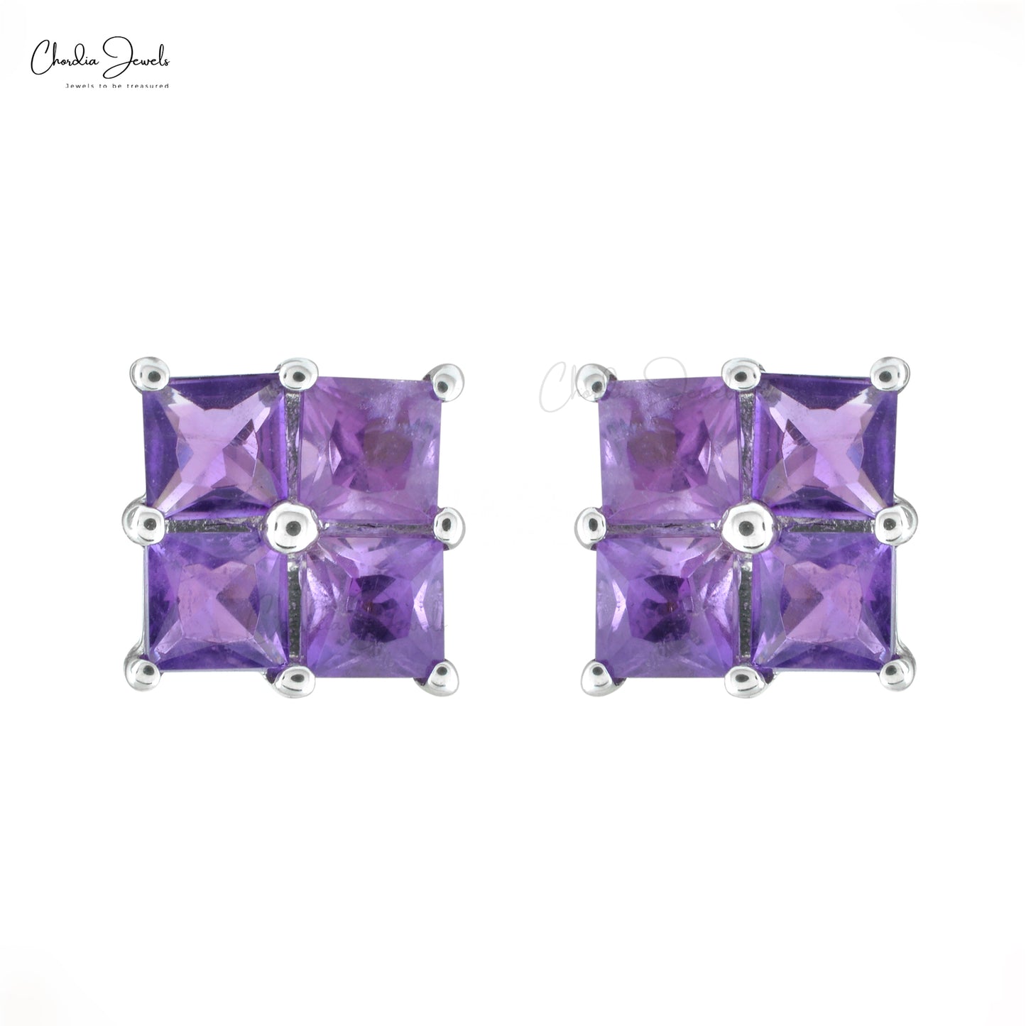 Real 14k White Gold Natural Amethyst Cluster Earrings 3mm Square Cut Gemstone Push Back Studs Grace Jewelry For February Birthstone