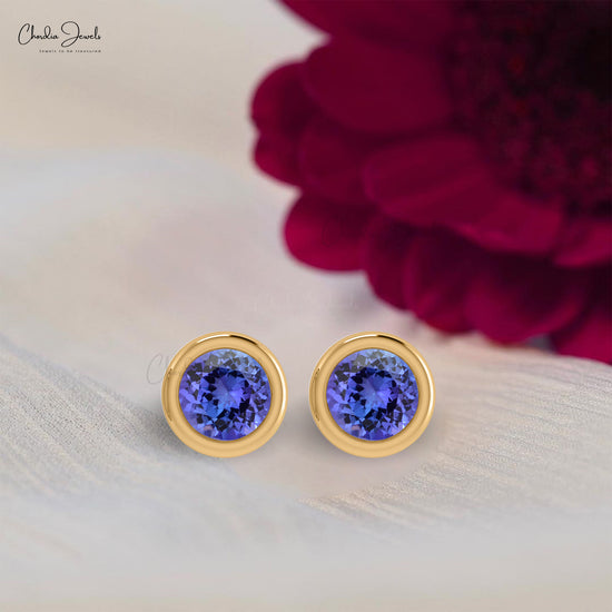 Genuine Tanzanite December Birthstone  Solitaire Studs 14k Real Gold Dainty Jewelry 5mm Round Cut Push Back Earrings For Easter Day