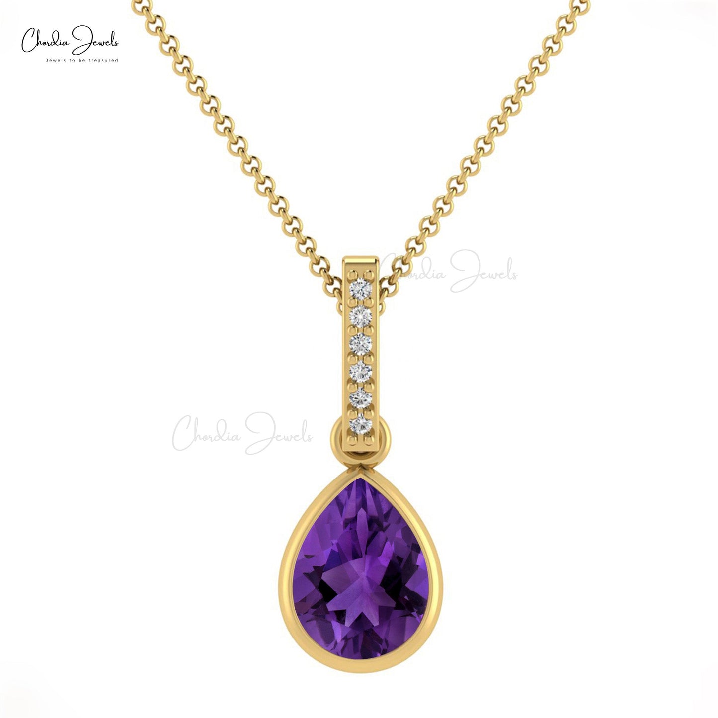 Natural Amethyst and Diamond Pendant, 14k Solid Gold Gemstone Pendant, 8x6mm Pear Shape Gemstone Pendant Gift for Wife