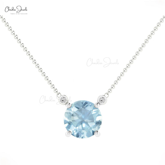 Prong Set 0.75ct Aquamarine Gemstone Necklace 14k Solid Gold Diamond Accented Dainty Necklace