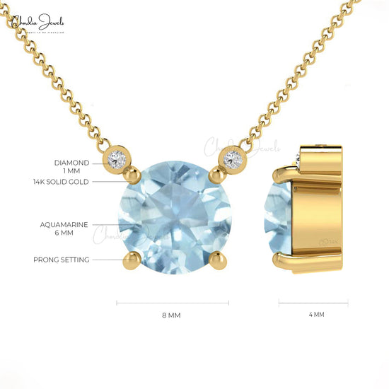 Prong Set 0.75ct Aquamarine Gemstone Necklace 14k Solid Gold Diamond Accented Dainty Necklace