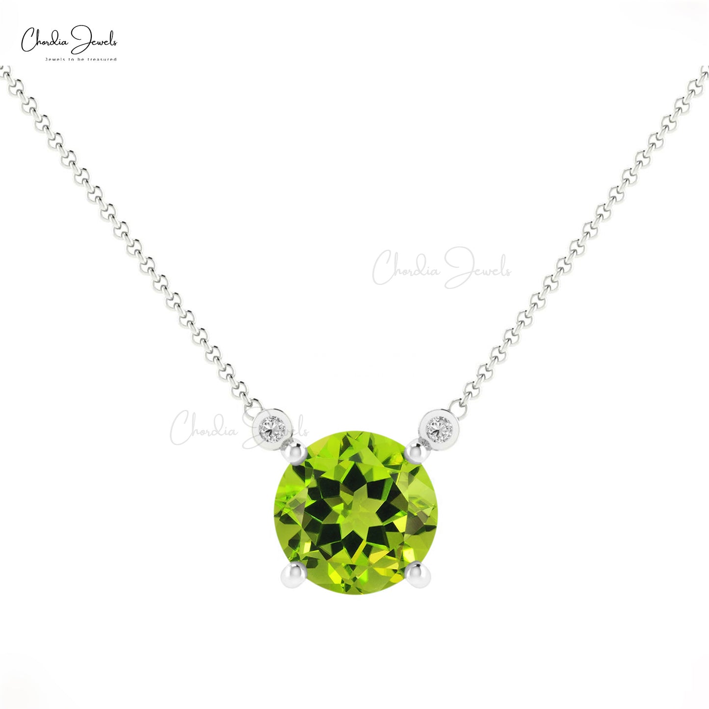 Solitaire Necklace With Genuine Peridot & Diamond Accents 14k Solid Gold Prong Set Birthstone Necklace