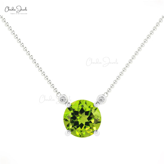 Solitaire Necklace With Genuine Peridot & Diamond Accents 14k Solid Gold Prong Set Birthstone Necklace