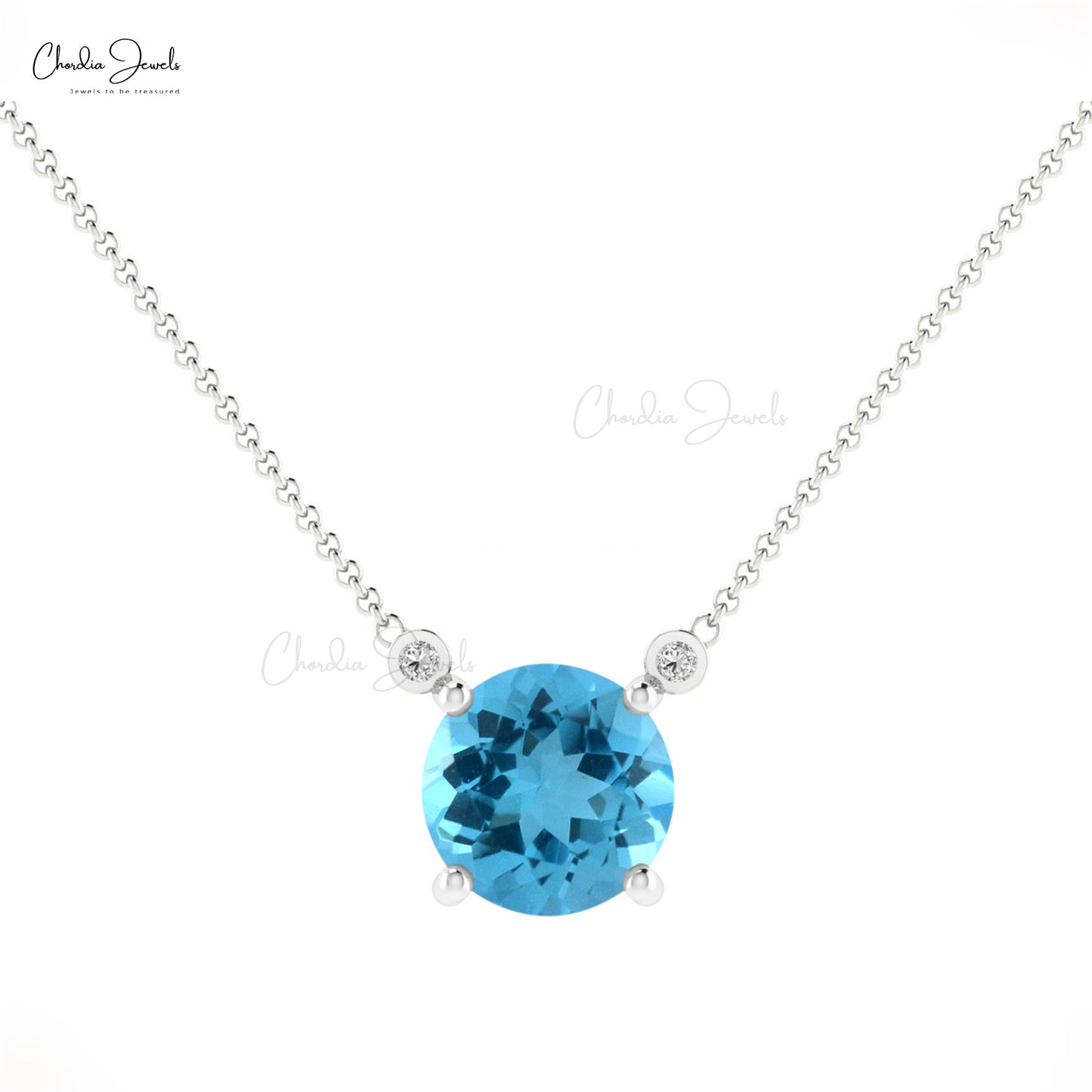 Genuine 1Ct Round Swiss Blue Topaz Necklace 14k Real Gold Gemstone & Diamond Birthstone Jewelry Gift