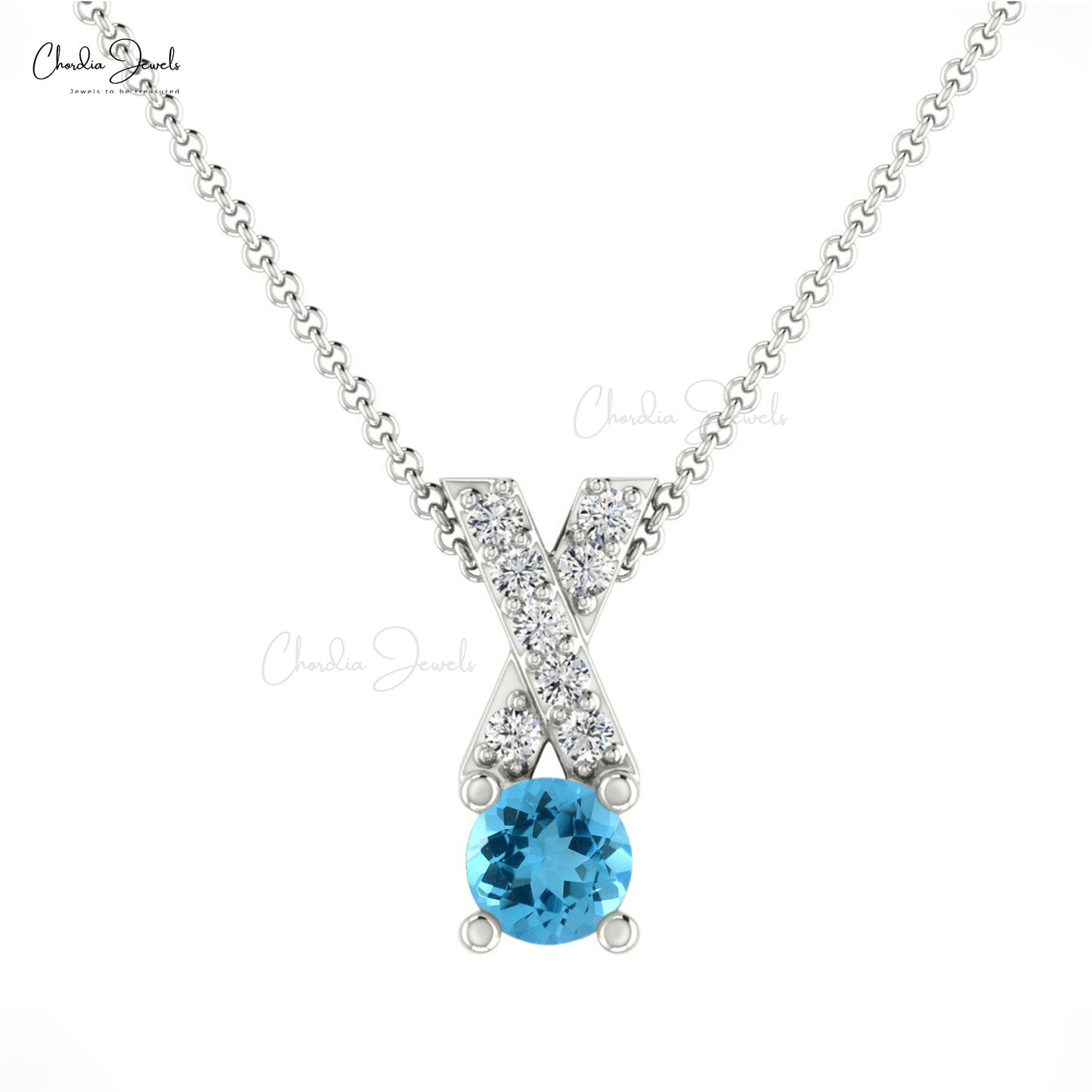 Natural Swiss Blue Topaz & White Diamond Criss Cross Pendant in 14K Gold