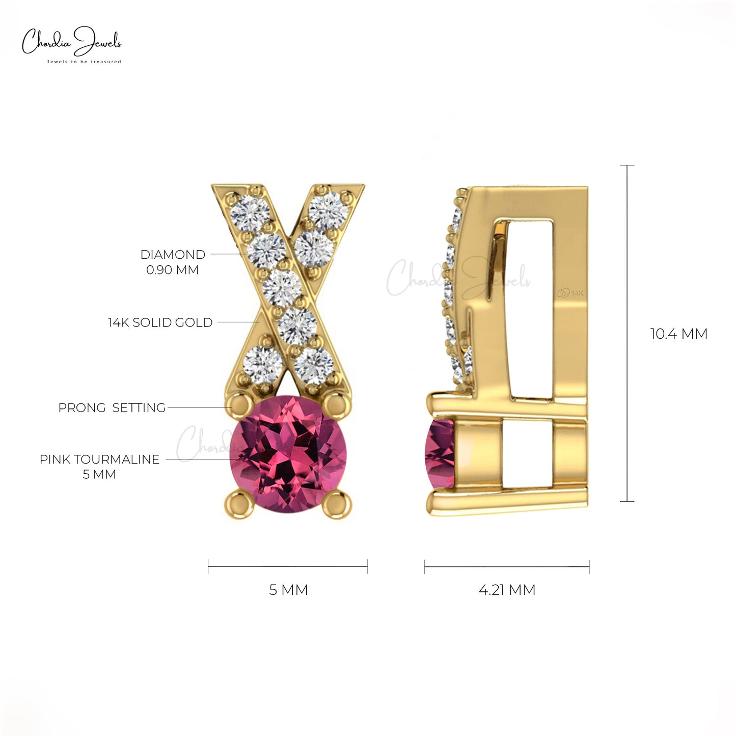 Pink Tourmaline & Diamond Criss Cross Pendant in 14K Gold October Birthstone