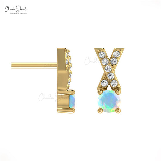 Natural Ethiopian Opal Handmade Studs Earring 14k Solid Gold White Diamond Earring 5mm Round Cut Handmade Gemstone Criss Cross Earring For Women's