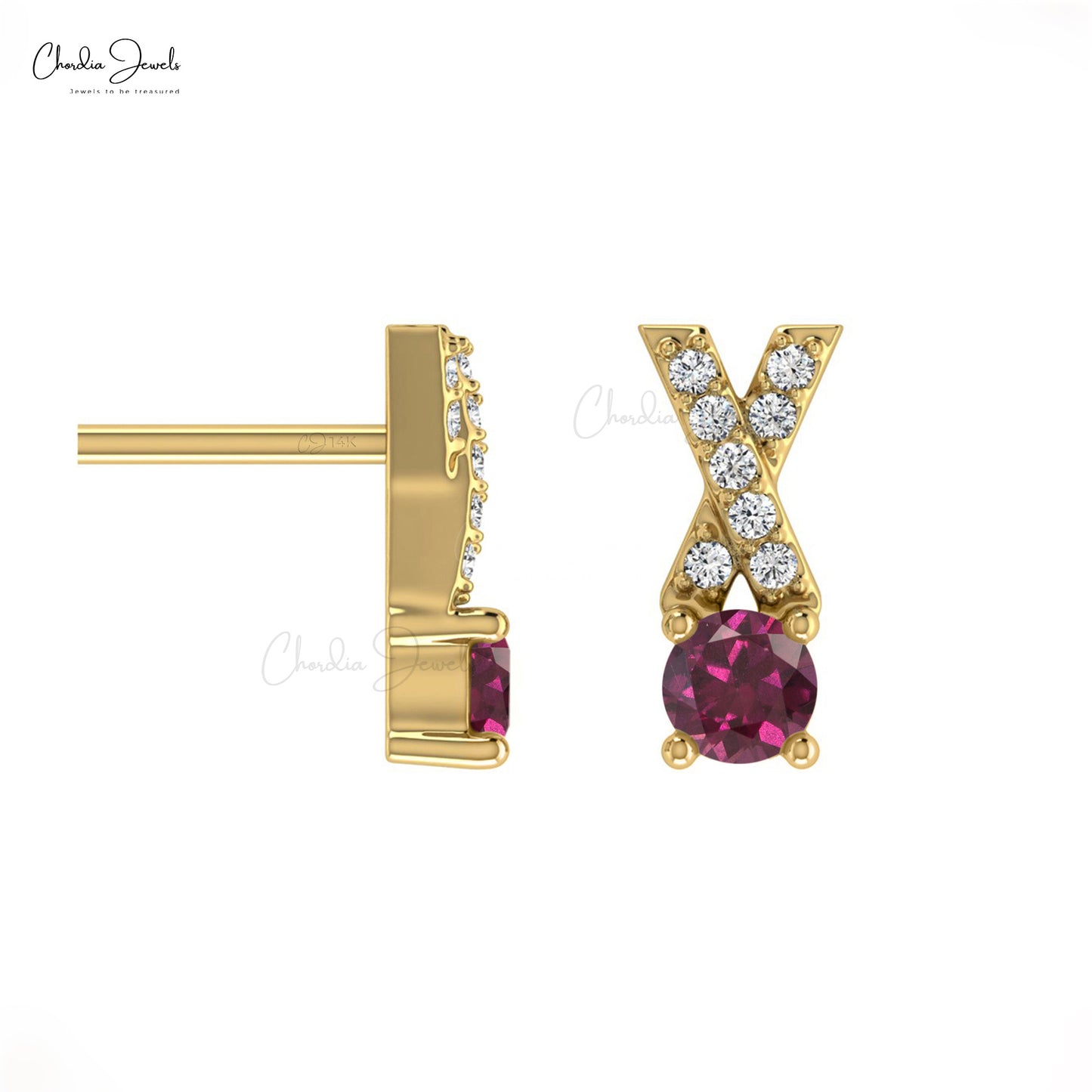 Fine Jewelry 14K Gold Prong Set Rhodolite Garnet & Round Diamond Criss Cross Earring