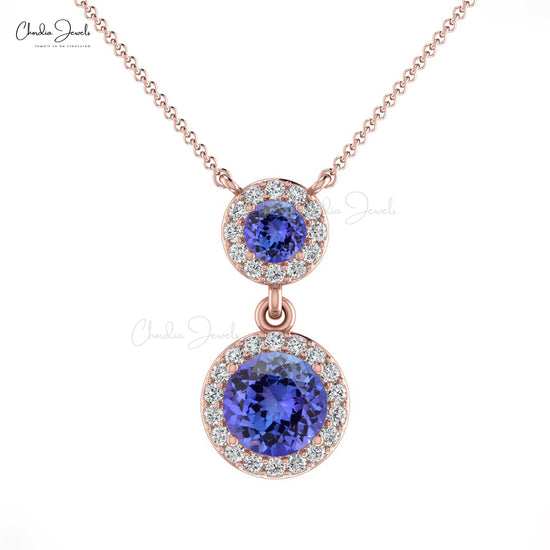 Trendy Double Halo Diamond Necklace Pendant Natural Blue Tanzanite Gemstone Necklace in 14k Real Gold Anniversary Gift For Wife