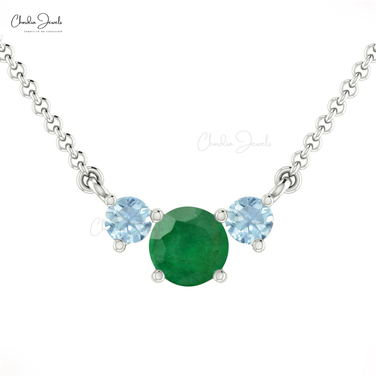 Natural Round Emerald & Aquamarine 3 Stone Necklace 14k Solid Gold Fine Gemstone Necklace For Her