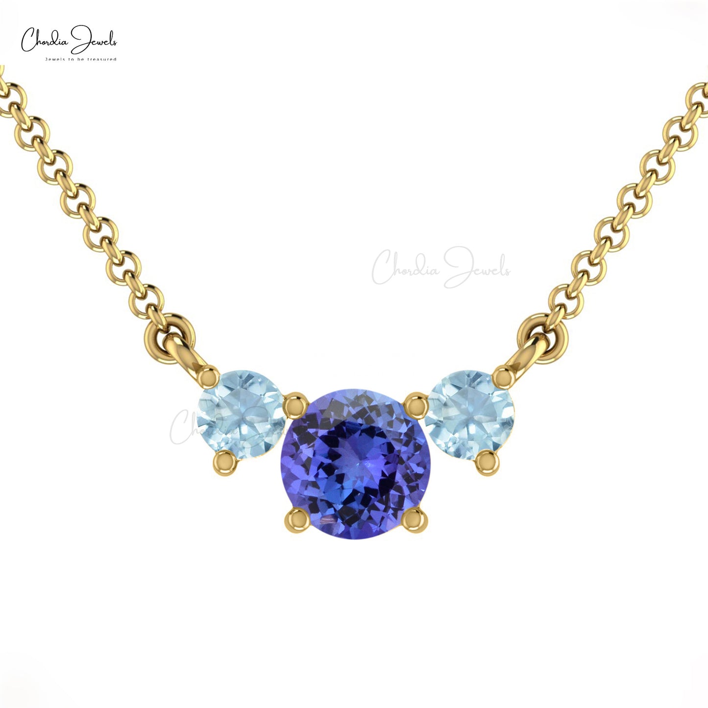 Three-Stone Tanzanite & Aquamarine Necklace Real 14k Gold Prong Set Necklace For Bridesmaid Gift