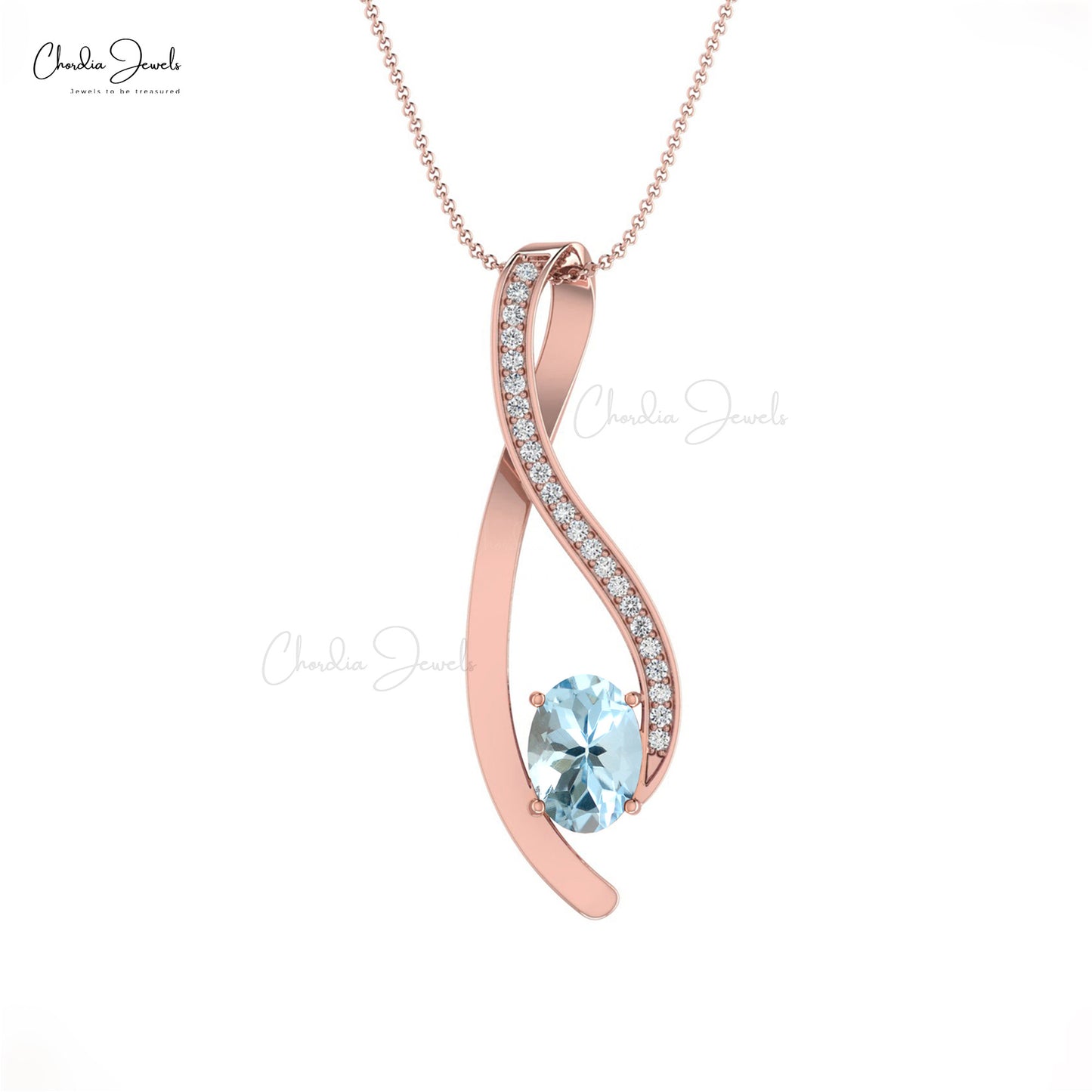 Top Quality Aquamarine Curve Pendant in 14K Solid Gold with Diamond